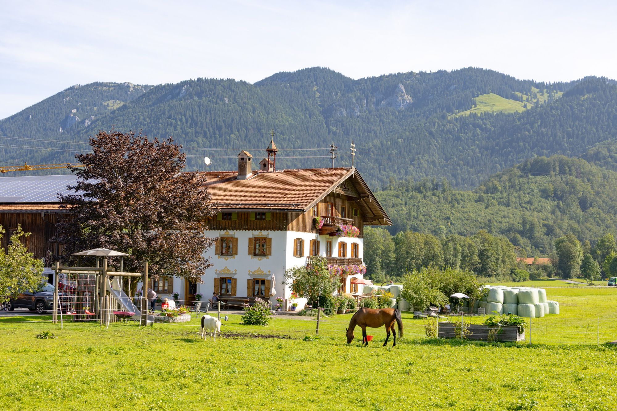 Der Gödenbauernhof mit Pferdekoppel vor den Bergen