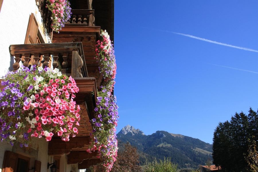 Blumenkästen am Holzbalkon unter blauem Himmel