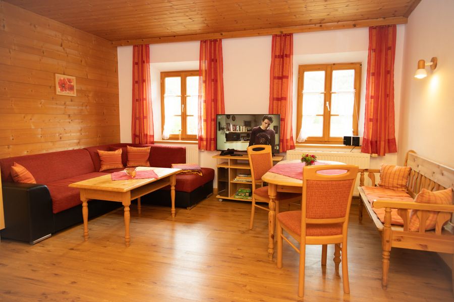 Wohnbereich mit Sofa und Esstisch